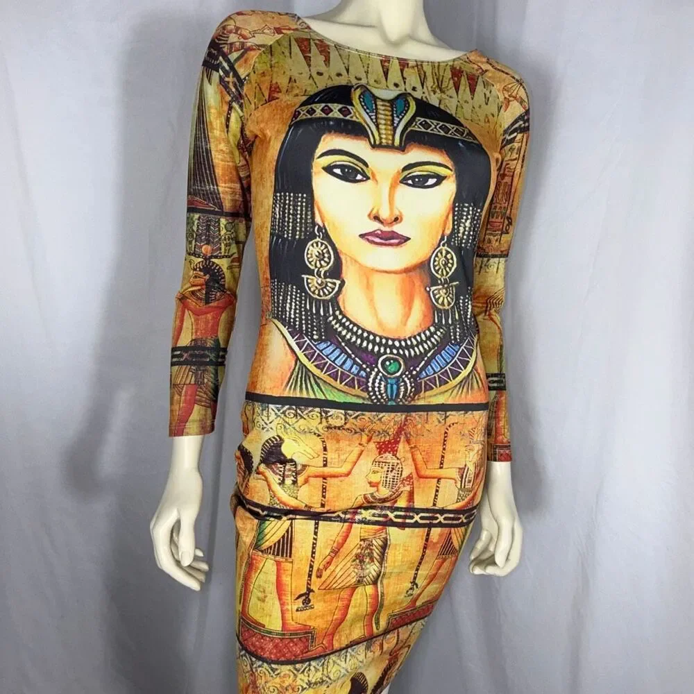 Cleopatra Egyptian Goddess Bodycon Dress | Good Time USA | Vintage Print Long Sl